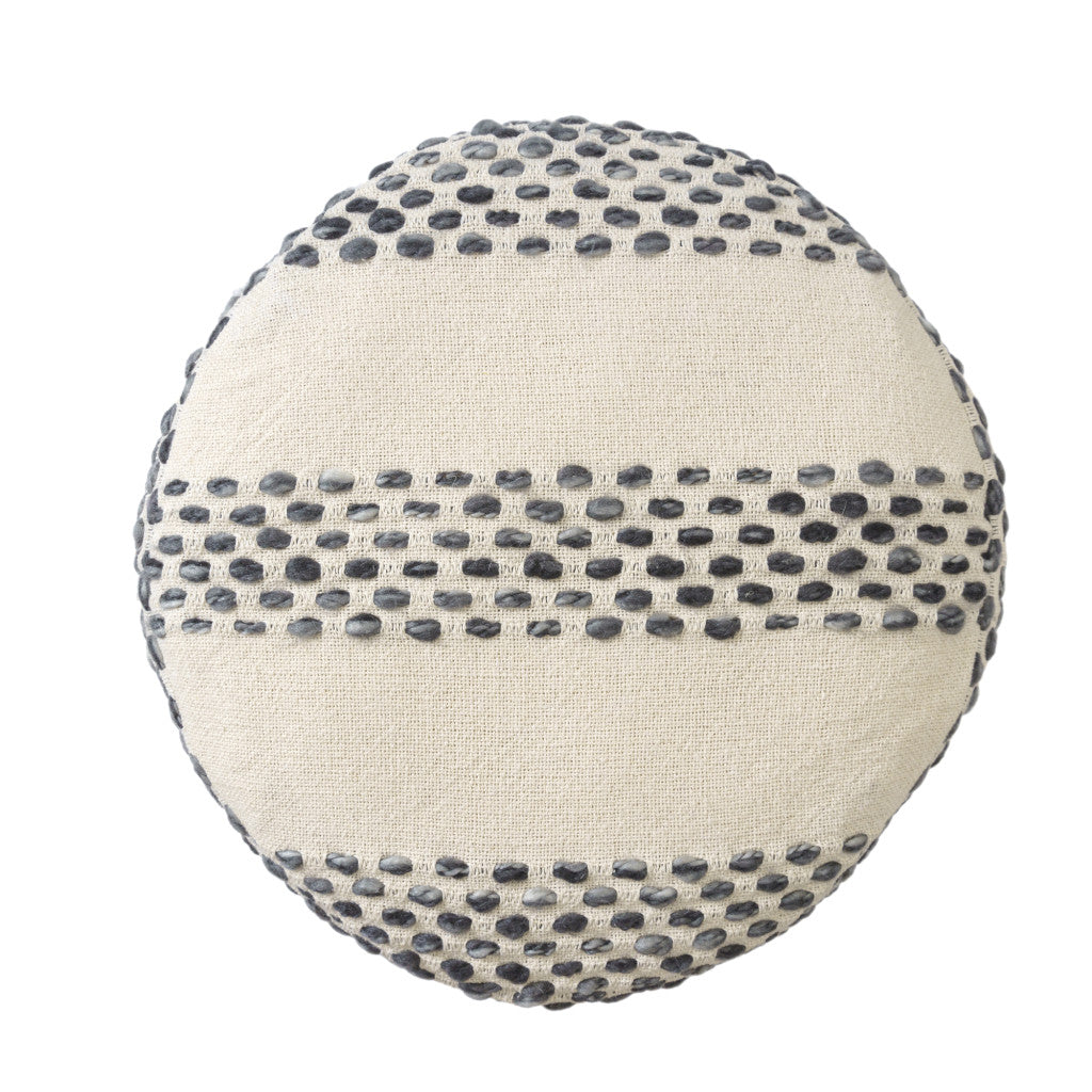 18" Ivory And Blue Cotton Blend Round Striped Pouf Ottoman