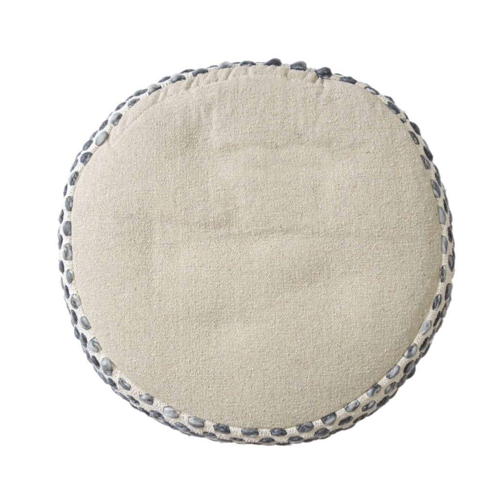 18" Ivory And Blue Cotton Blend Round Striped Pouf Ottoman
