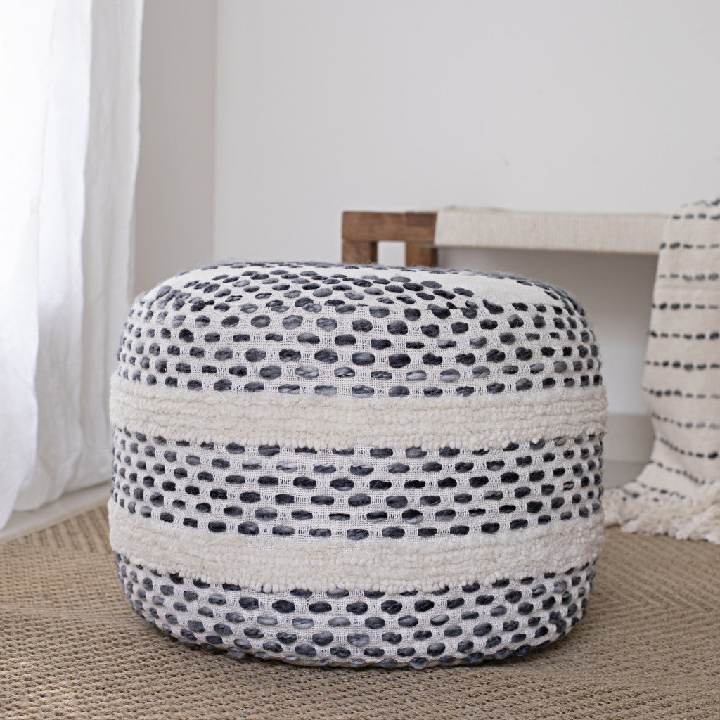 18" Ivory And Blue Cotton Blend Round Striped Pouf Ottoman