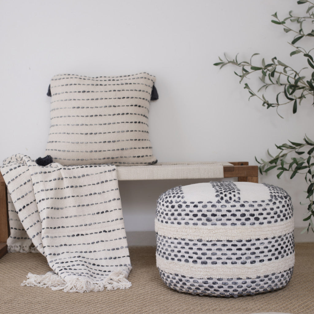 18" Ivory And Blue Cotton Blend Round Striped Pouf Ottoman