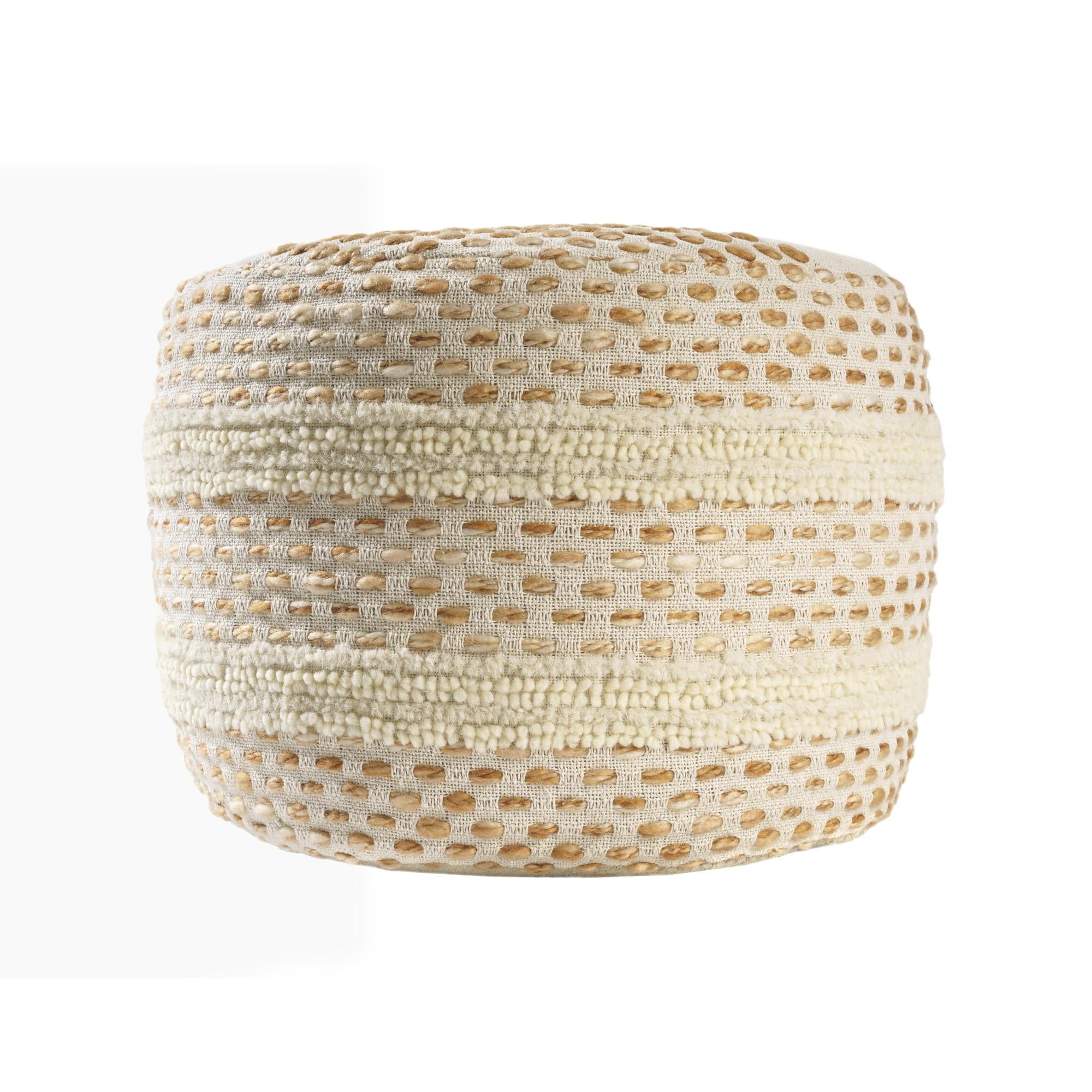 18" Ivory And Brown Cotton Blend Round Striped Pouf Ottoman