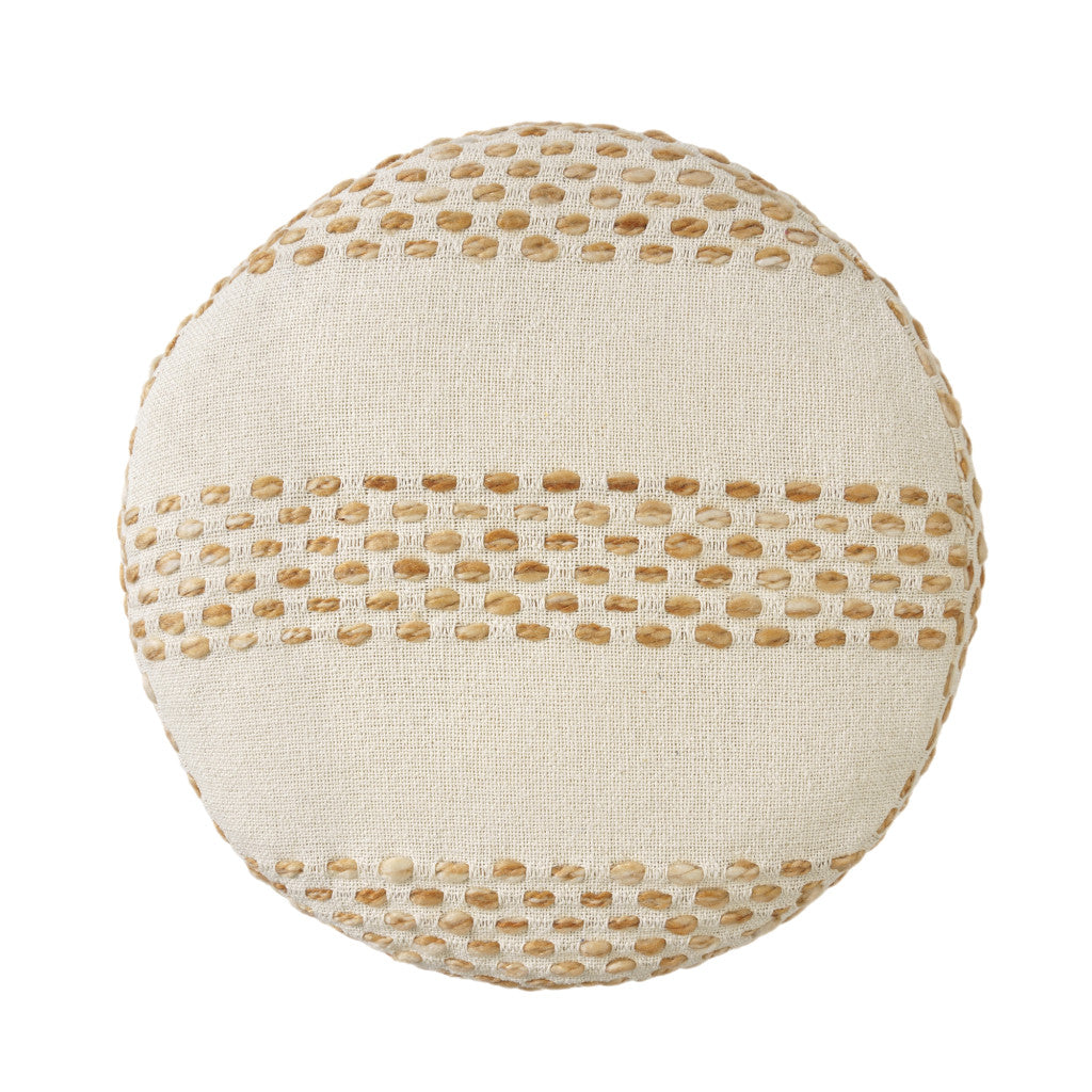 18" Ivory And Brown Cotton Blend Round Striped Pouf Ottoman
