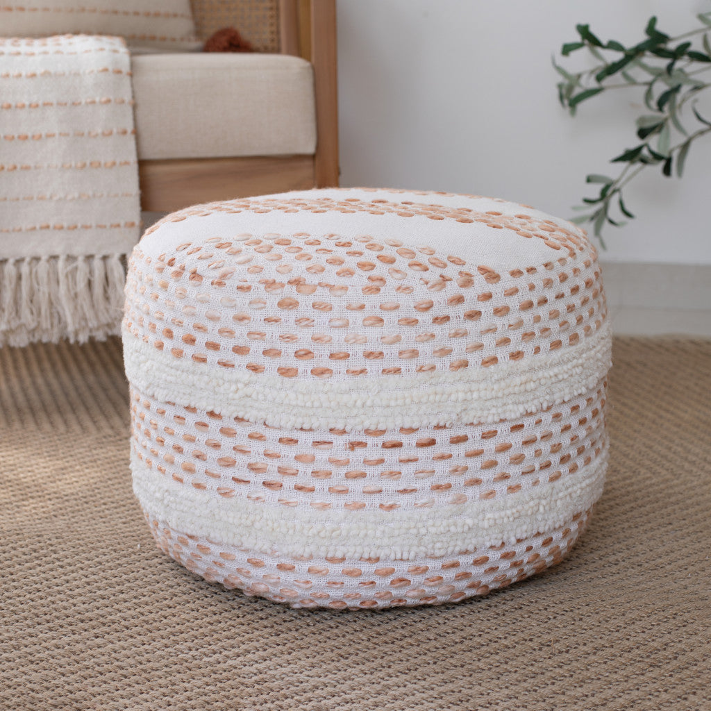 18" Ivory And Brown Cotton Blend Round Striped Pouf Ottoman