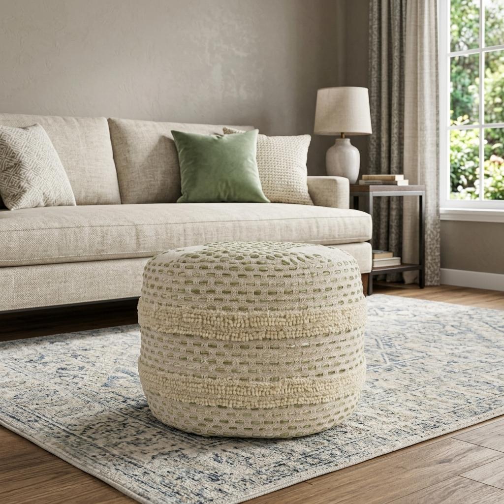 18" Ivory And Green Cotton Blend Round Striped Pouf Ottoman