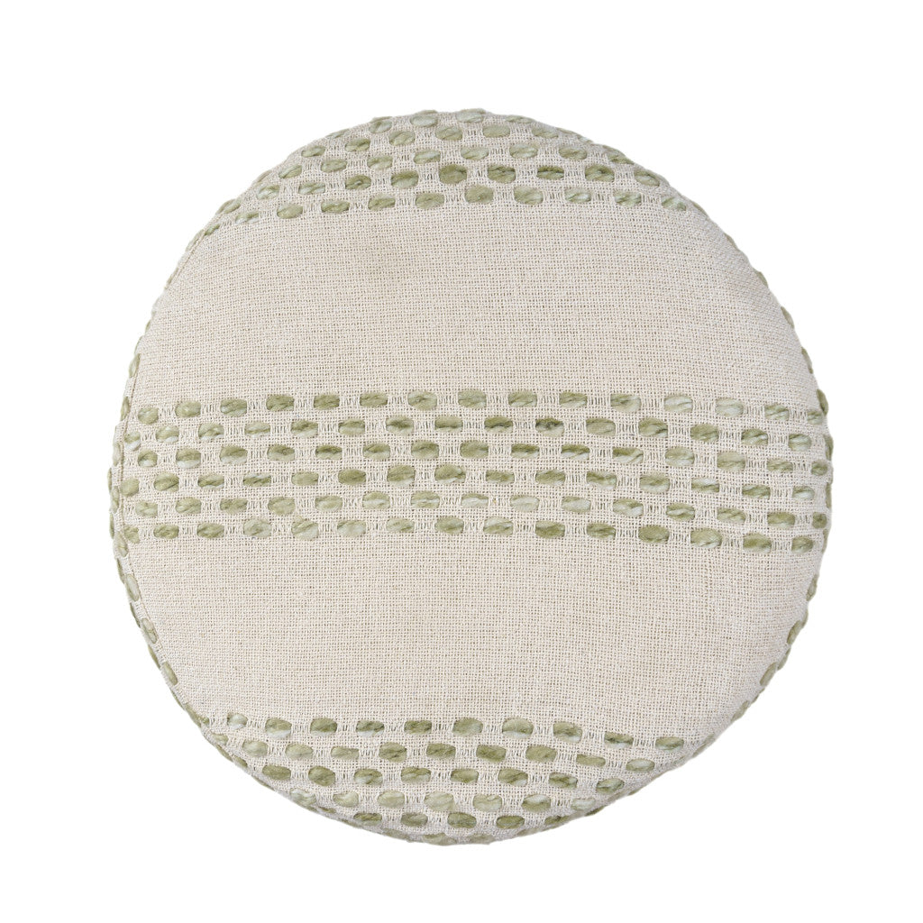 18" Ivory And Green Cotton Blend Round Striped Pouf Ottoman
