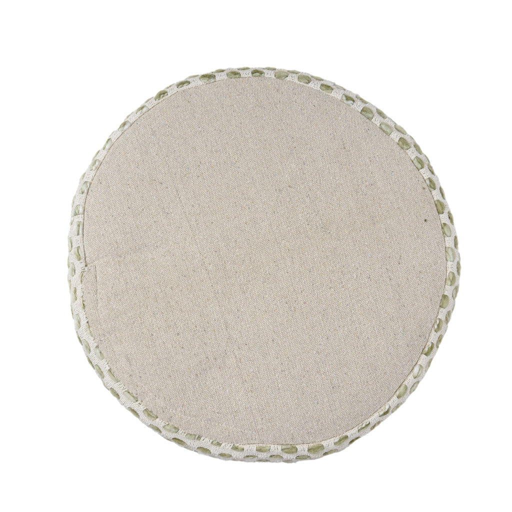 18" Ivory And Green Cotton Blend Round Striped Pouf Ottoman