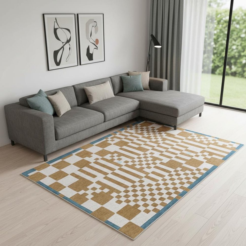 9' X 13' Blue And Brown Geometric Washable Area Rug