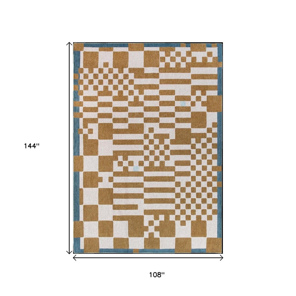9' X 13' Blue And Brown Geometric Washable Area Rug