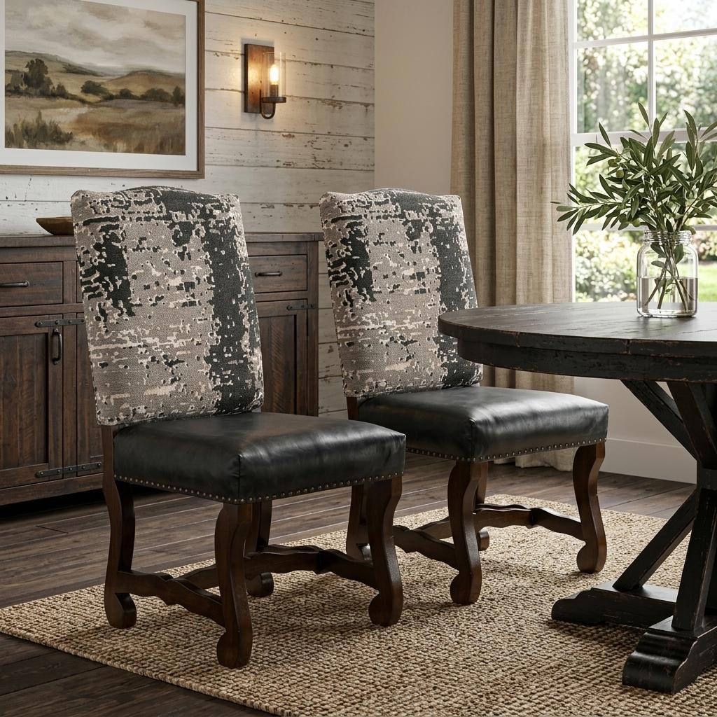 Set of Two Black Gray And Dark Brown Solid Wood Upholstered Chenille And Leather Dining Side Chairs