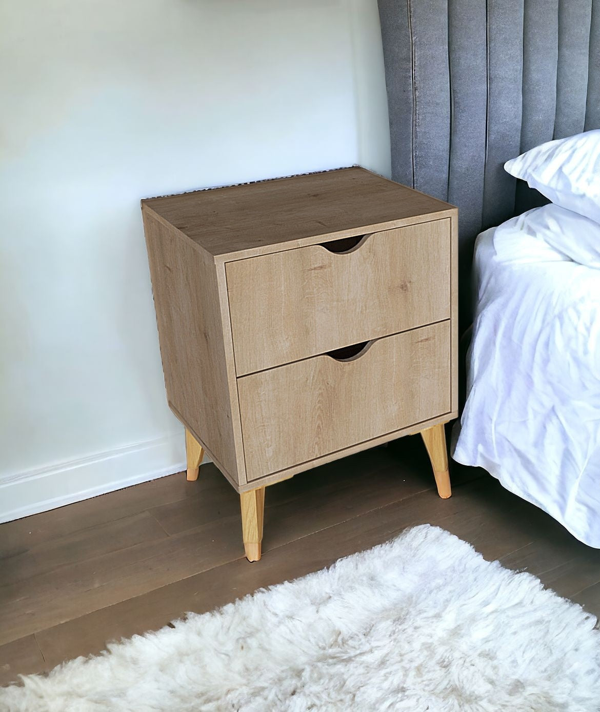 20" Natural Two Drawer Faux Wood Nightstand