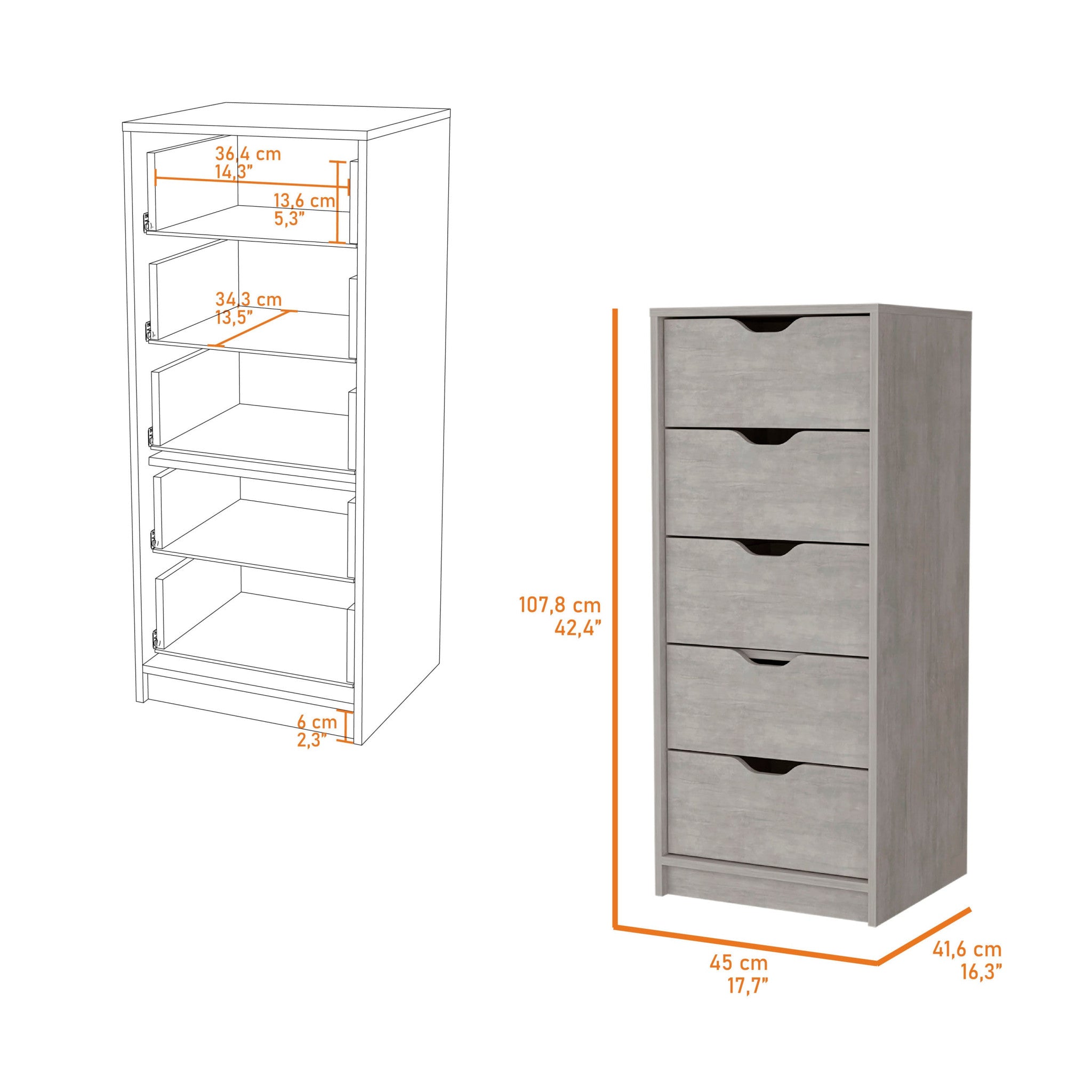 18" Gray Five Drawer Standard Chest