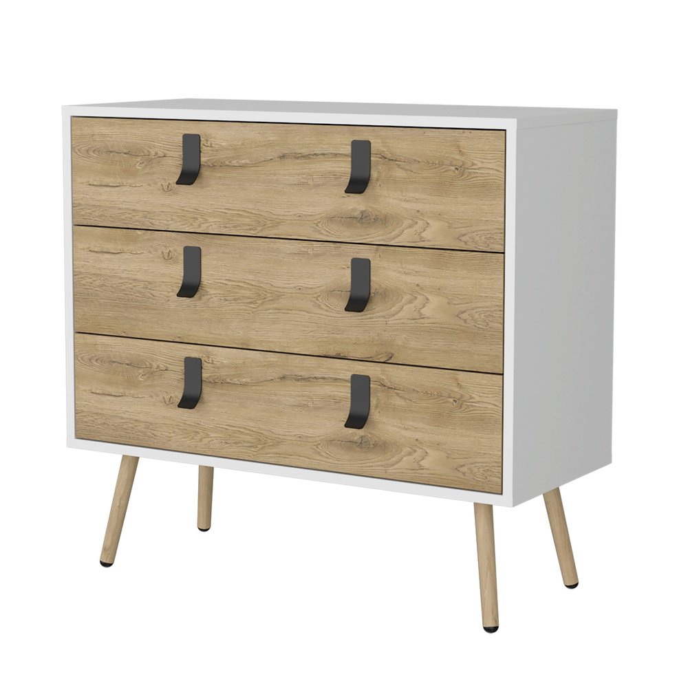 32" White And Natural Wood Three Drawer Dresser