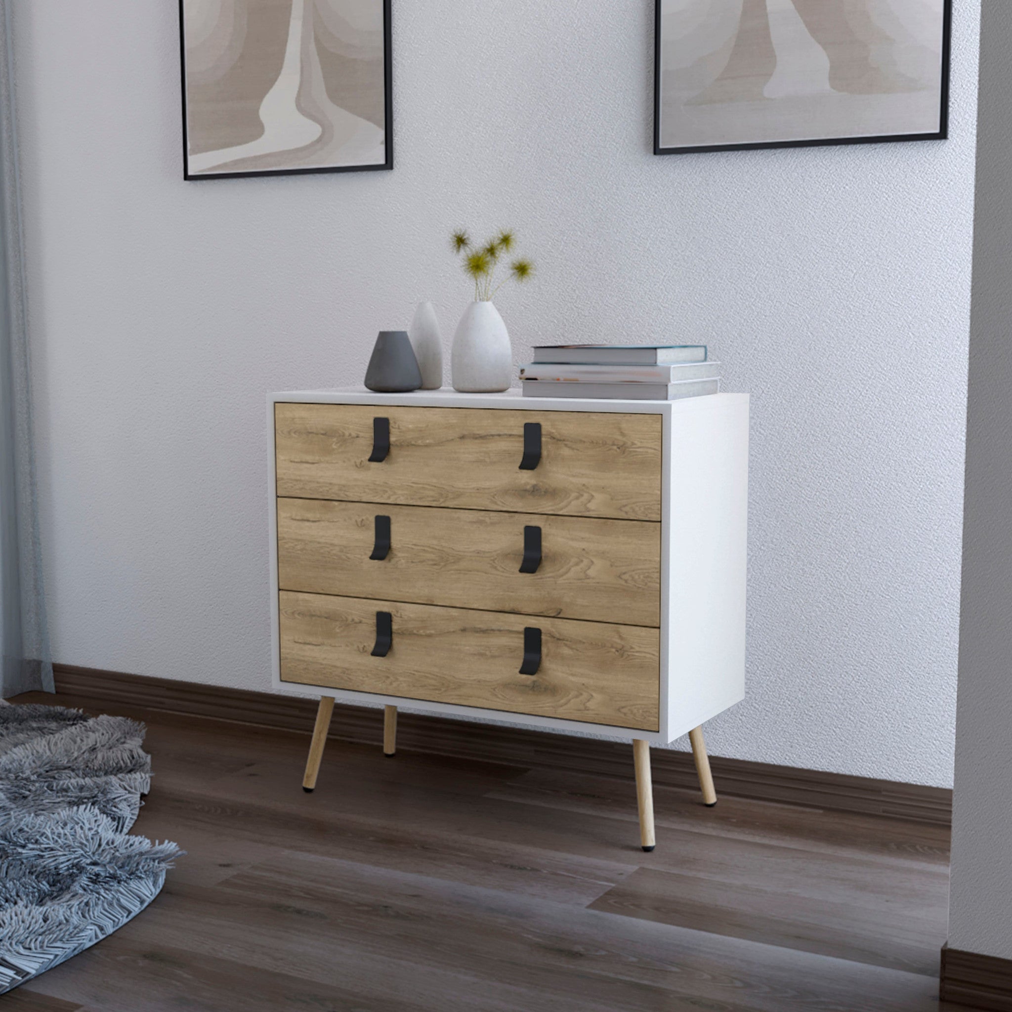 32" White and Natural Three Drawer Dresser