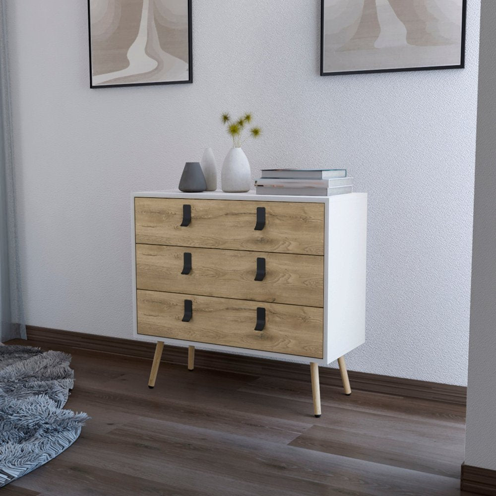 32" White And Natural Wood Three Drawer Dresser