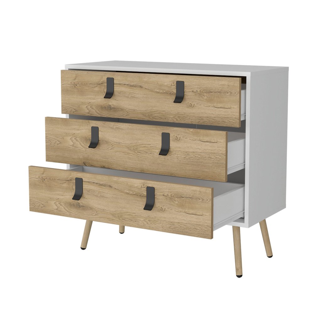 32" White And Natural Wood Three Drawer Dresser