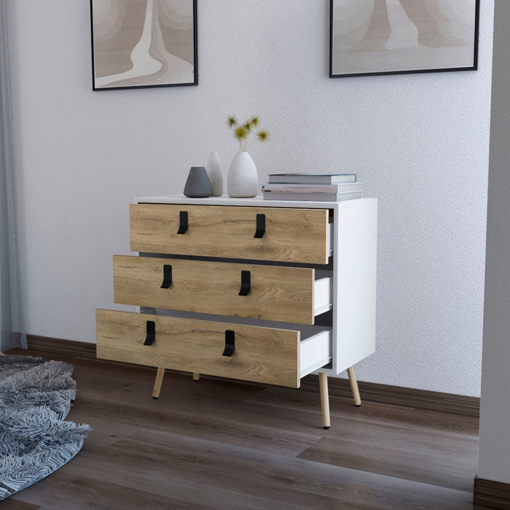 32" White And Natural Wood Three Drawer Dresser
