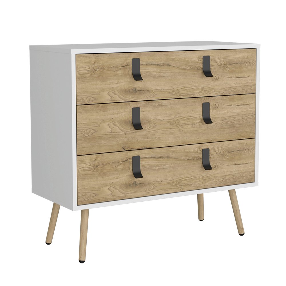 32" White And Natural Wood Three Drawer Dresser