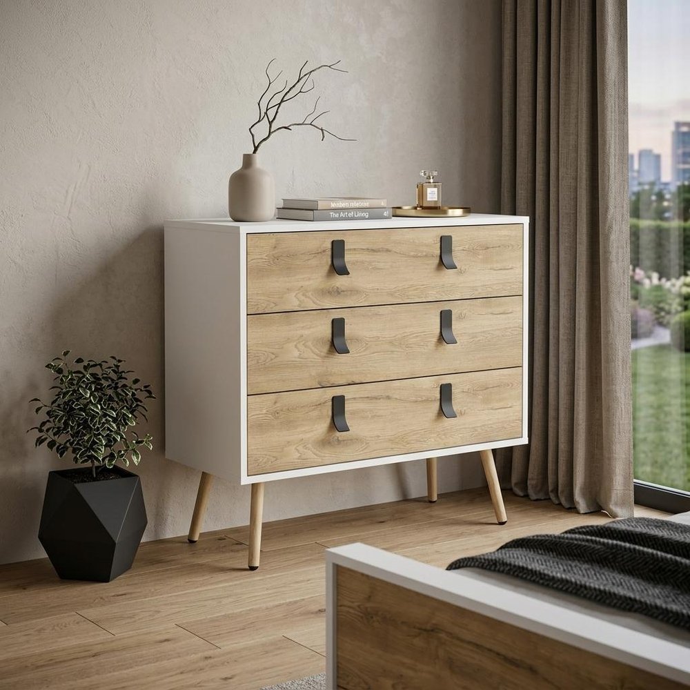 32" White And Natural Wood Three Drawer Dresser