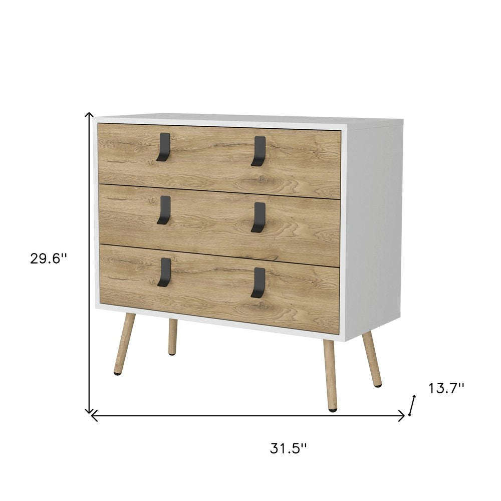 32" White And Natural Wood Three Drawer Dresser