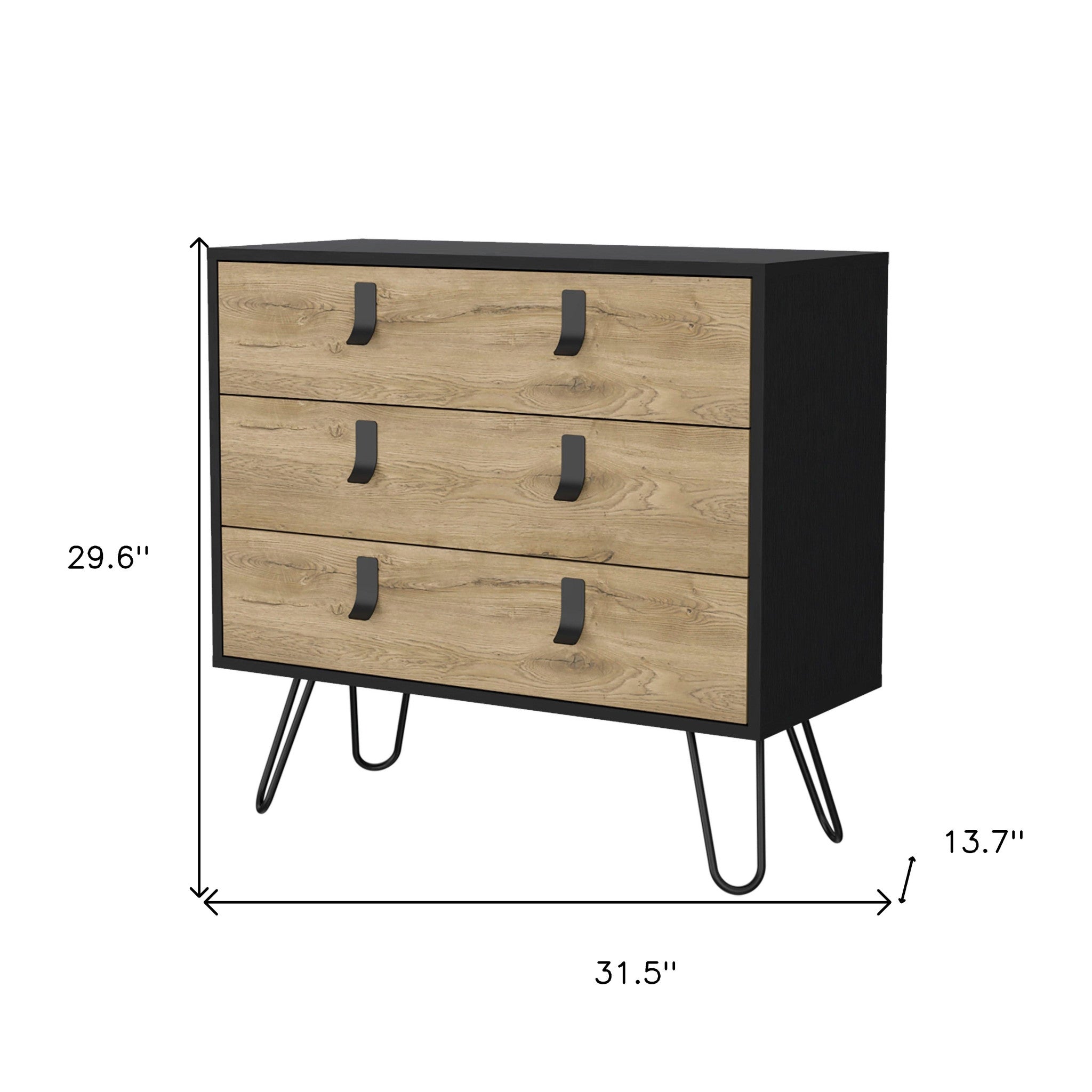 32" Natural and Black Three Drawer Dresser