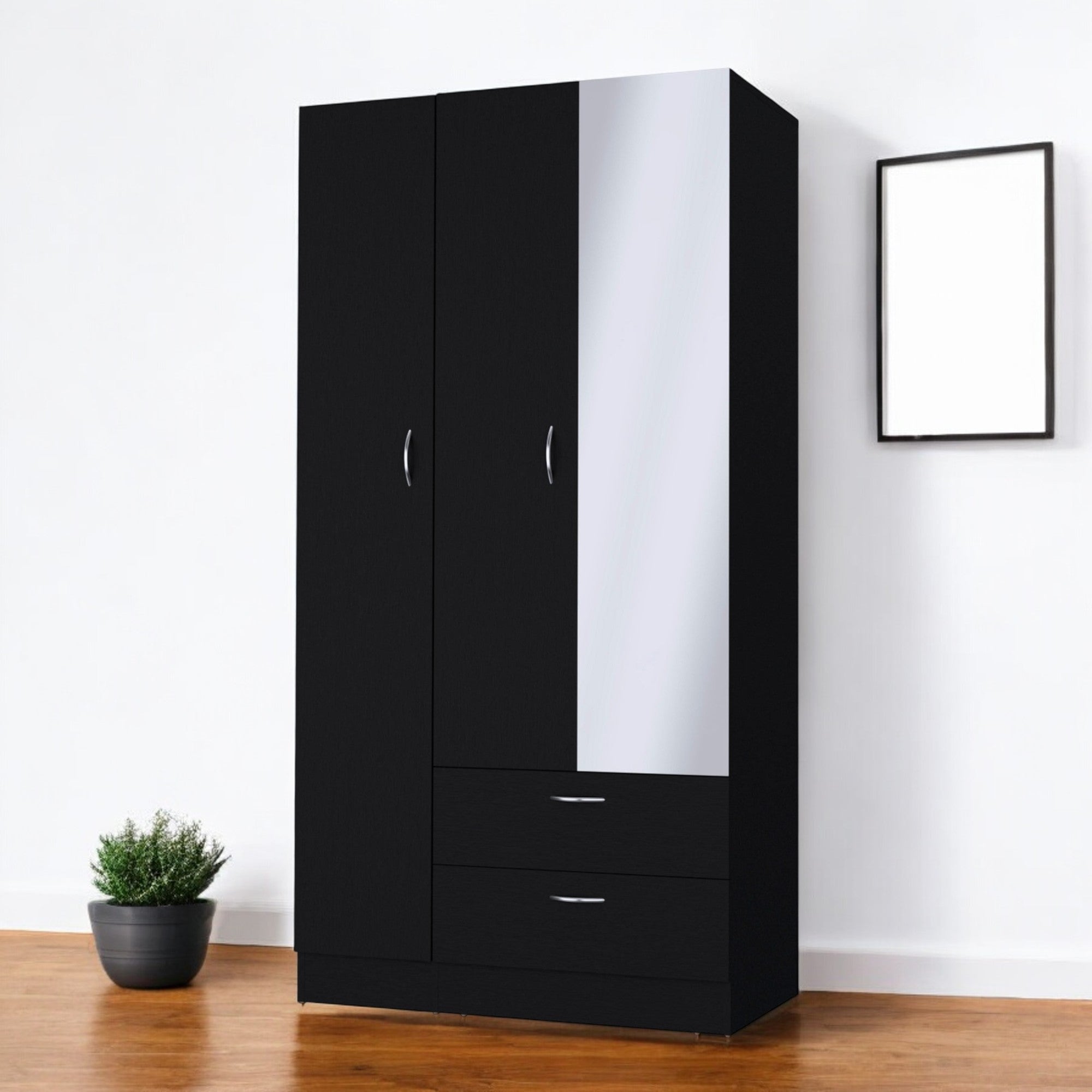 71" Black Wood Mirrored Two Door Two Drawer Combo Dresser