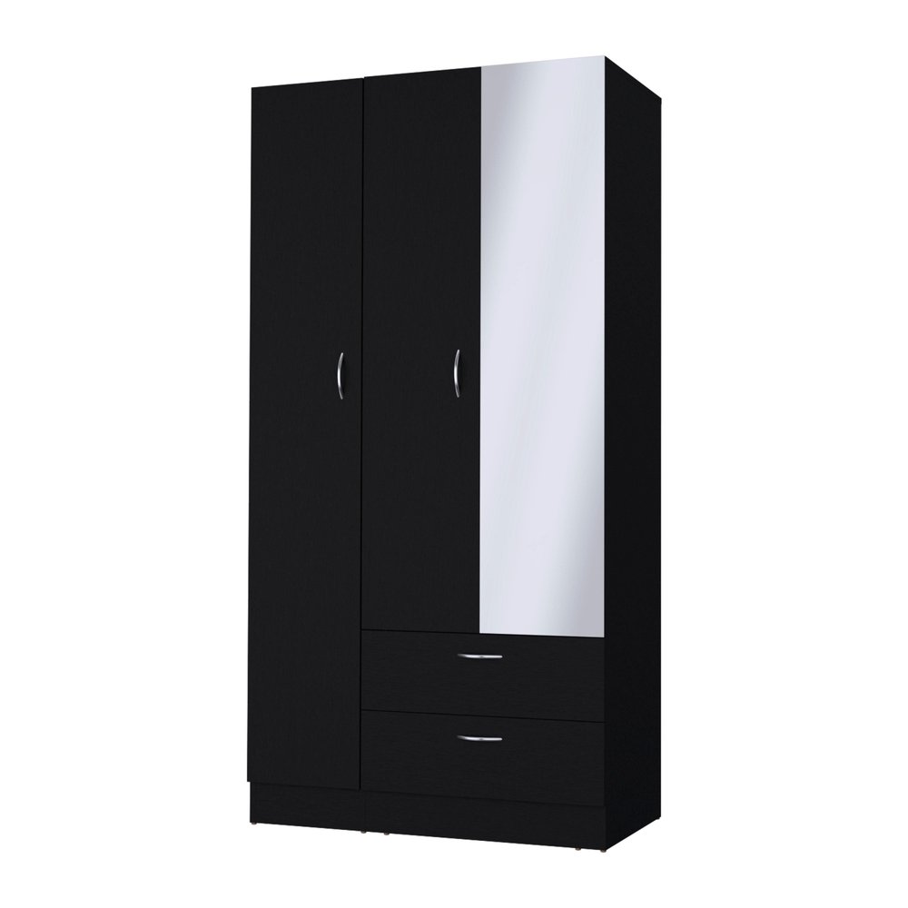 71" Black Wood Mirrored Two Door Two Drawer Combo Dresser