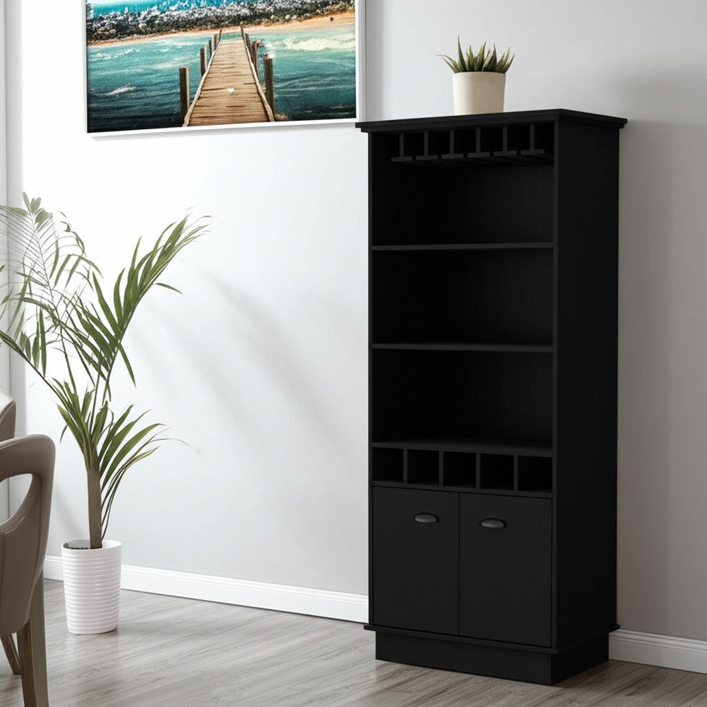 70" Black Wood Bar Cabinet With Two Doors