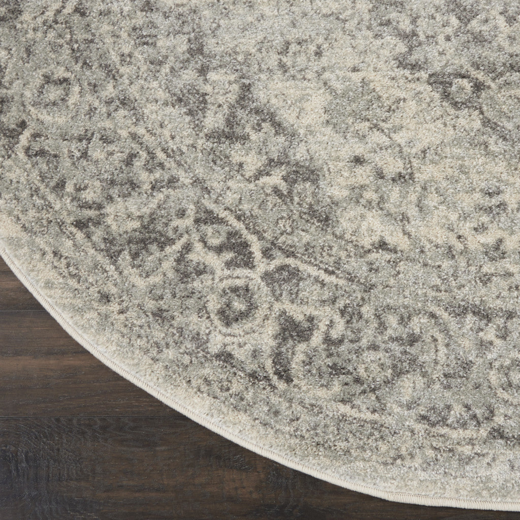 5' Ivory And Gray Floral Medallion Distressed Round Rug
