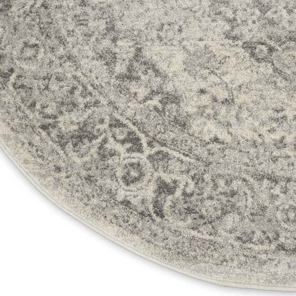 5' Ivory And Gray Floral Medallion Distressed Round Rug