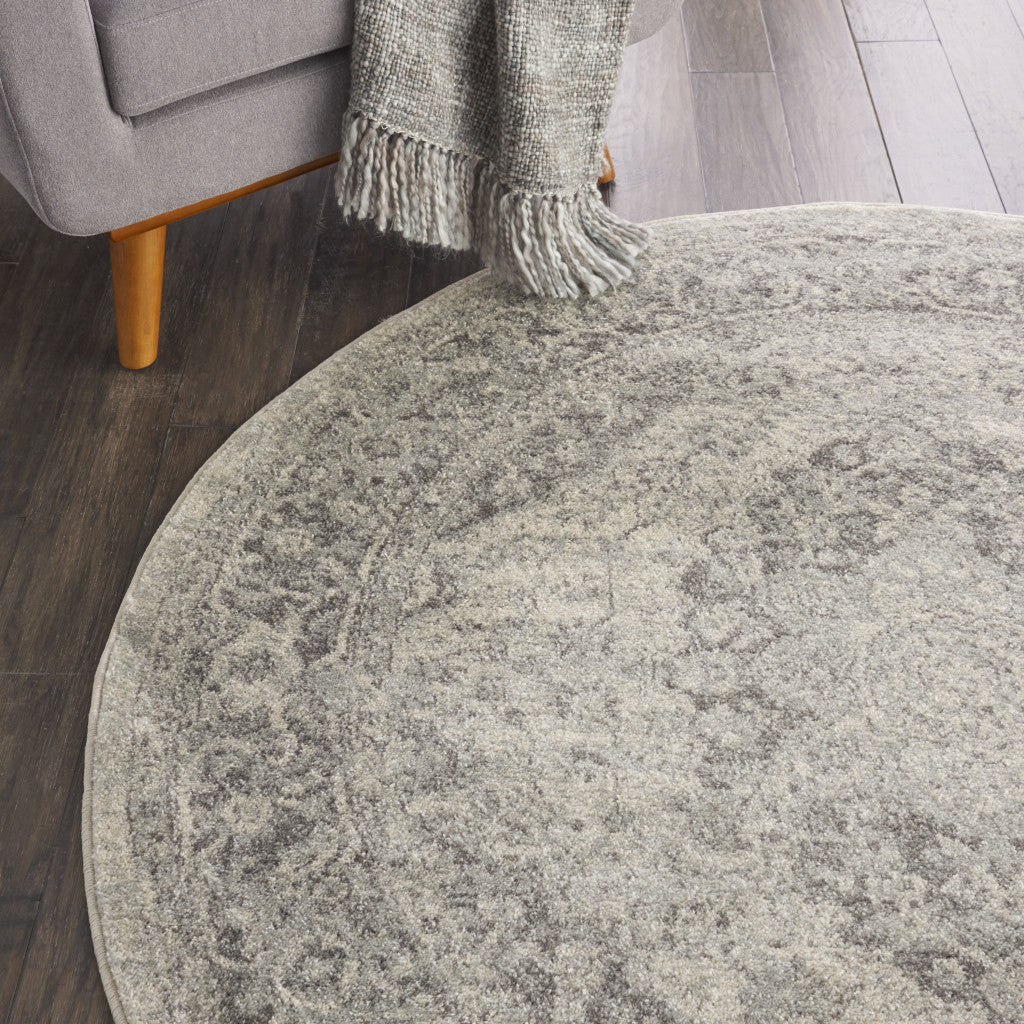 5' Ivory And Gray Floral Medallion Distressed Round Rug