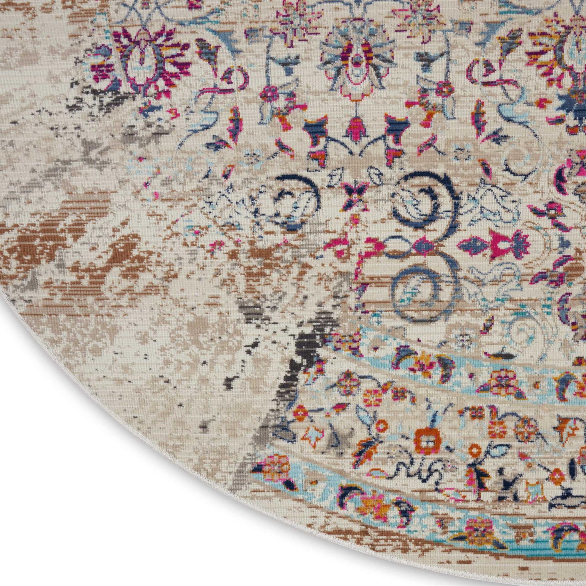 4' Ivory And Brown Floral Distressed Round Rug