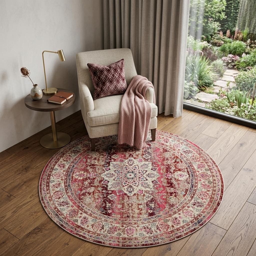 4' Ivory And Red Floral Distressed Round Rug