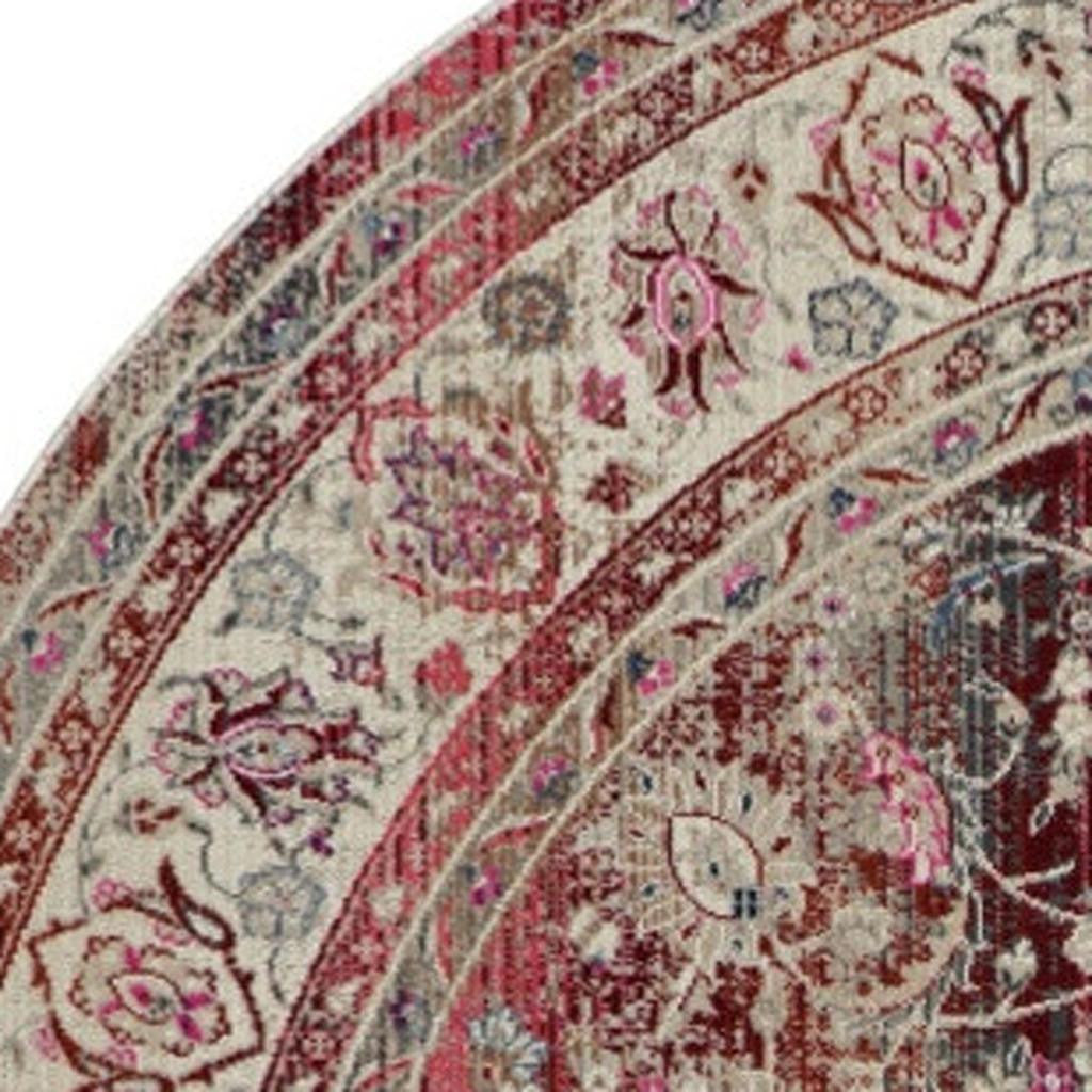 4' Ivory And Red Floral Distressed Round Rug