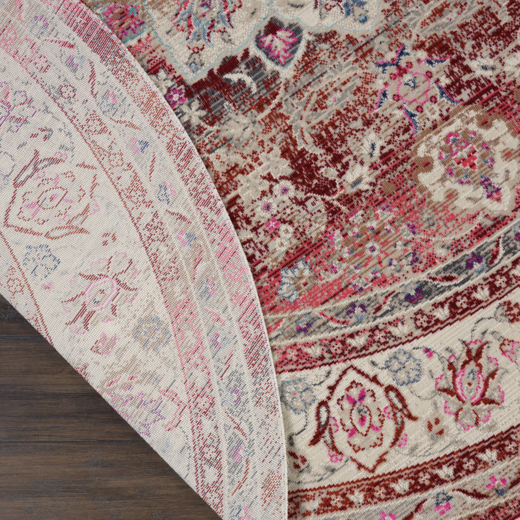 4' Ivory And Red Floral Distressed Round Rug