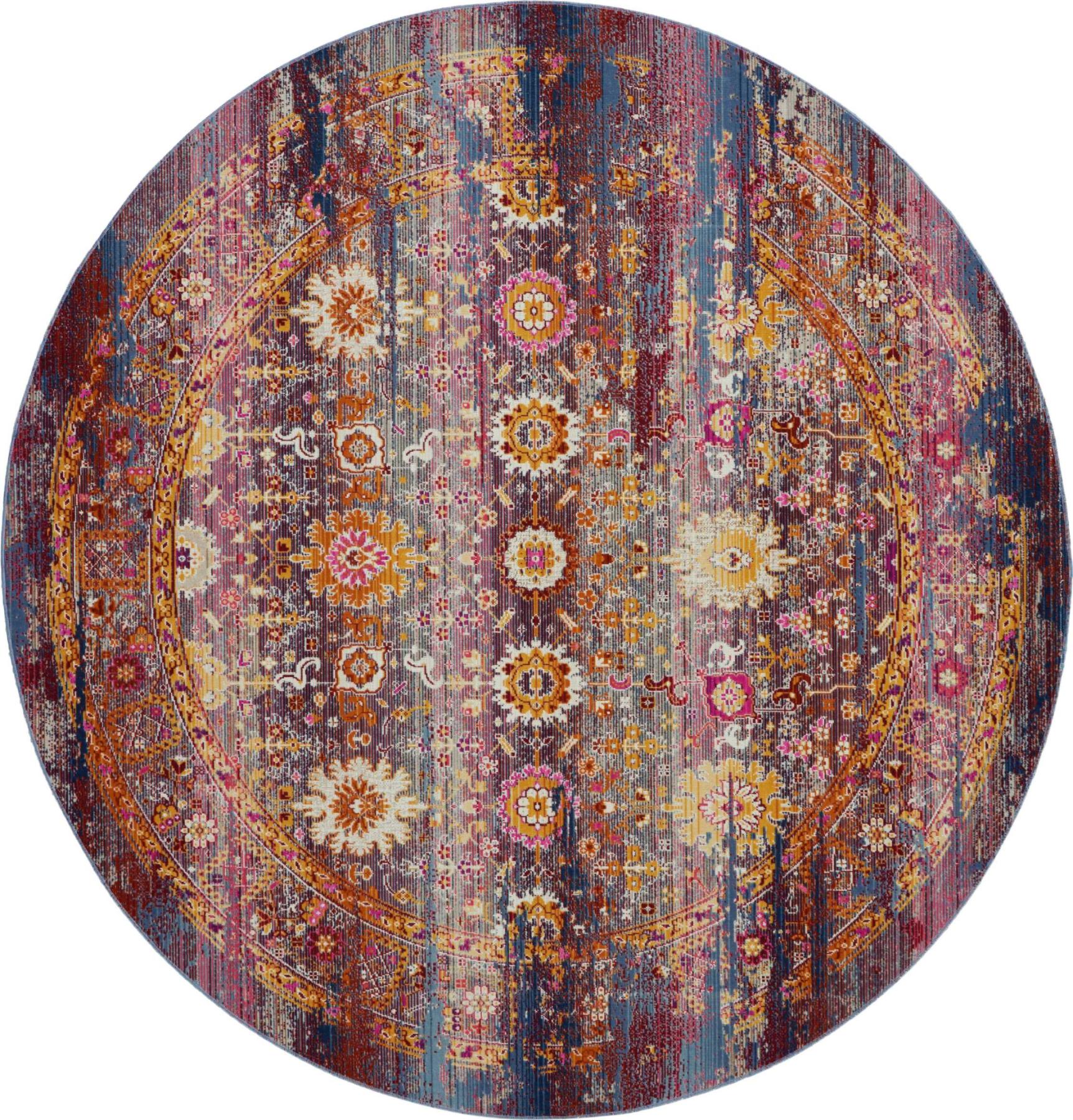4' Blue Yellow And Red Floral Distressed Round Rug