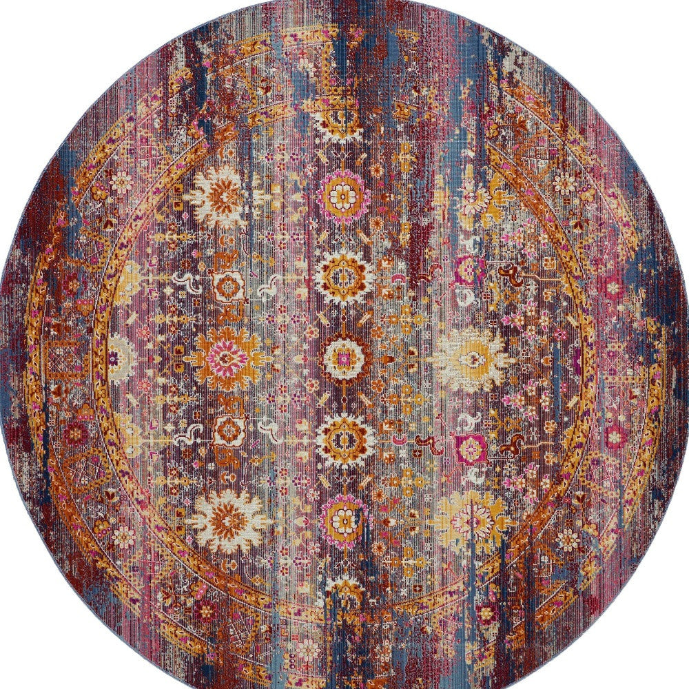 4' Blue Yellow And Red Floral Distressed Round Rug