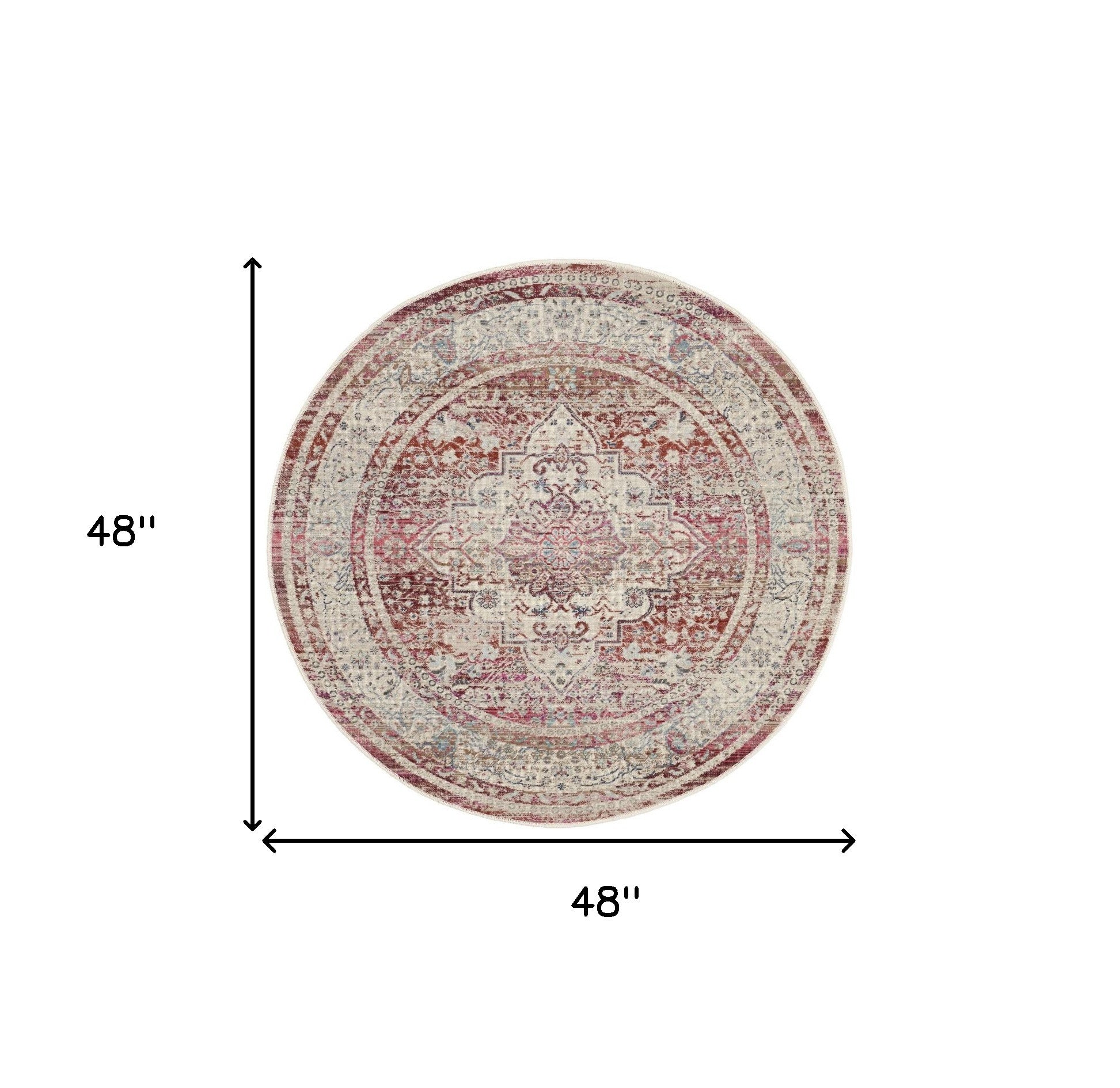 4' Ivory Red And Brown Floral Distressed Round Rug