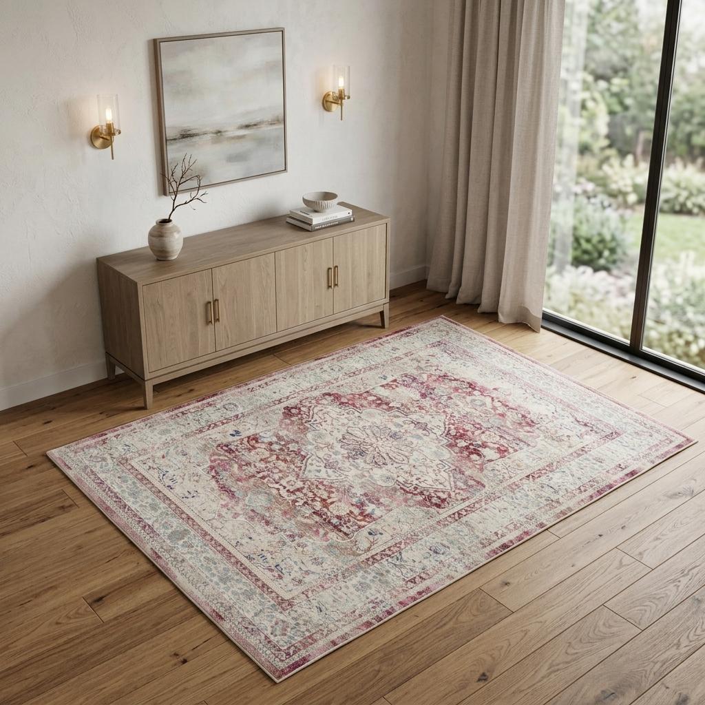 4' X 6' Ivory Red And Brown Floral Distressed Area Rug