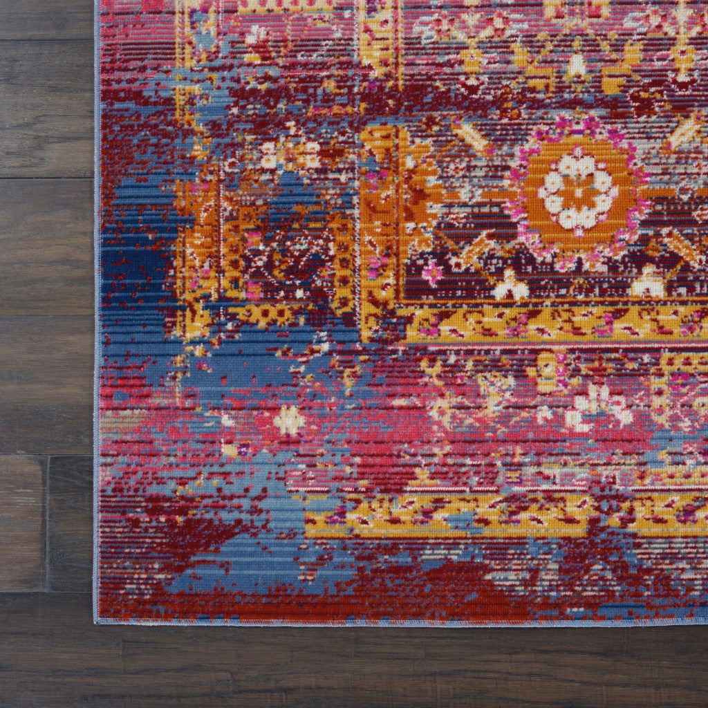 5' X 8' Blue Yellow And Red Floral Distressed Non Skid Area Rug