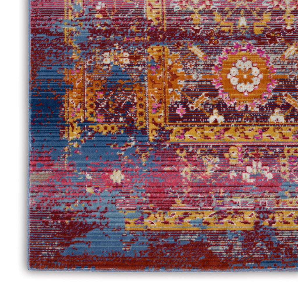 5' X 8' Blue Yellow And Red Floral Distressed Non Skid Area Rug