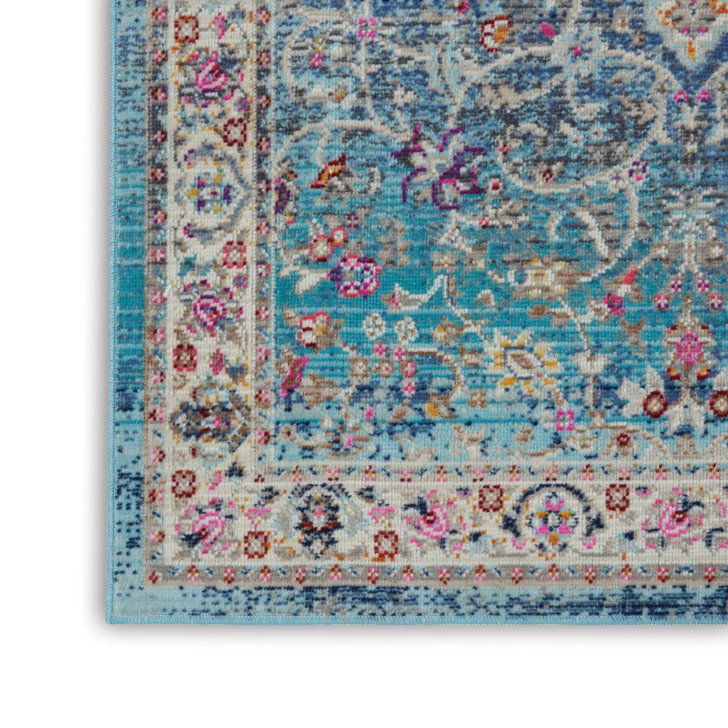 6' Blue and Beige Floral Distressed Runner Rug