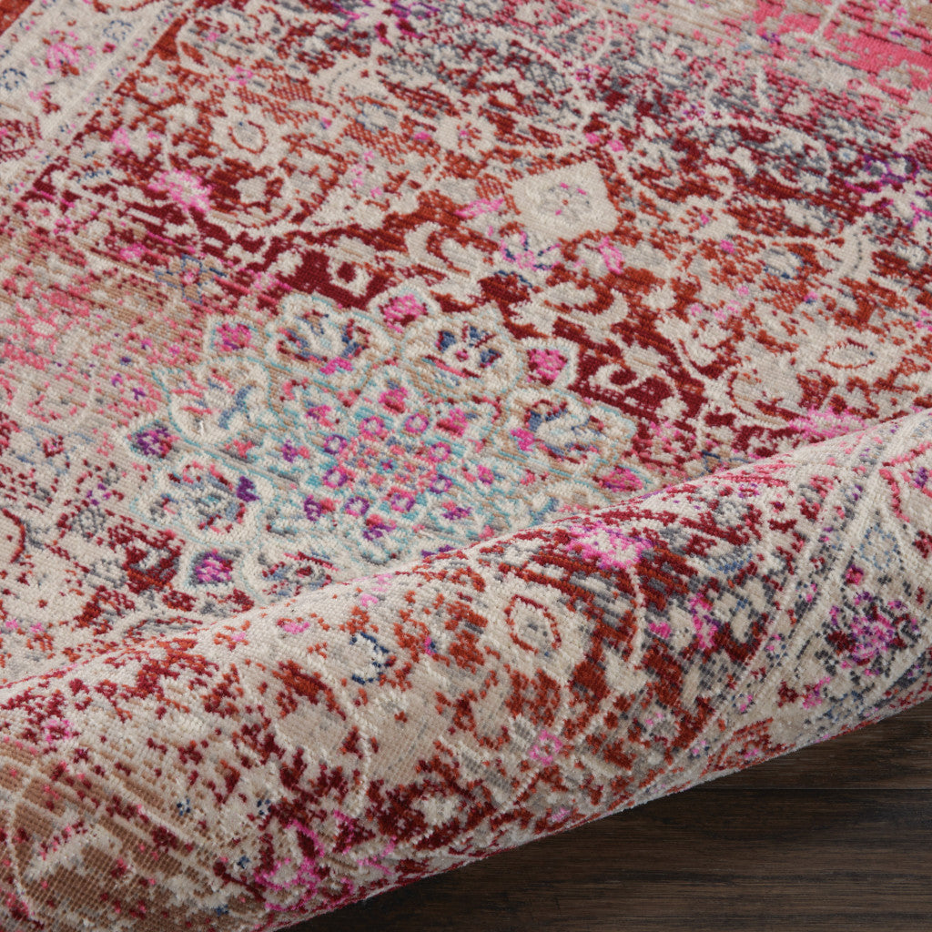 6' Ivory And Red Floral Distressed Runner Rug