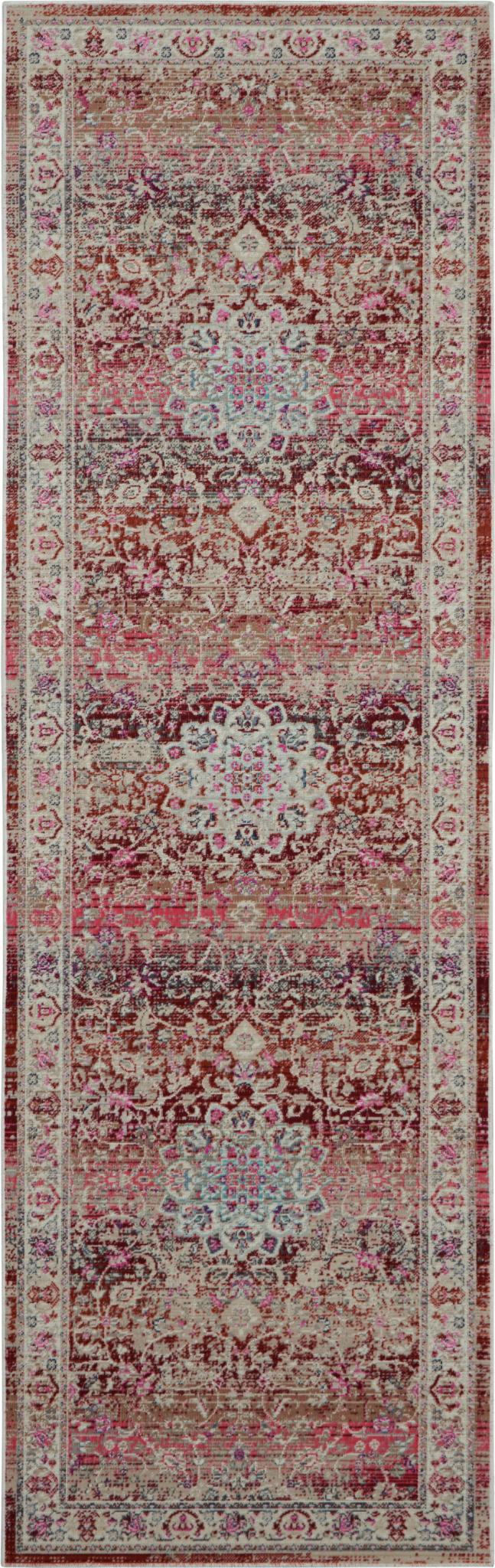 6' Ivory And Red Floral Distressed Runner Rug