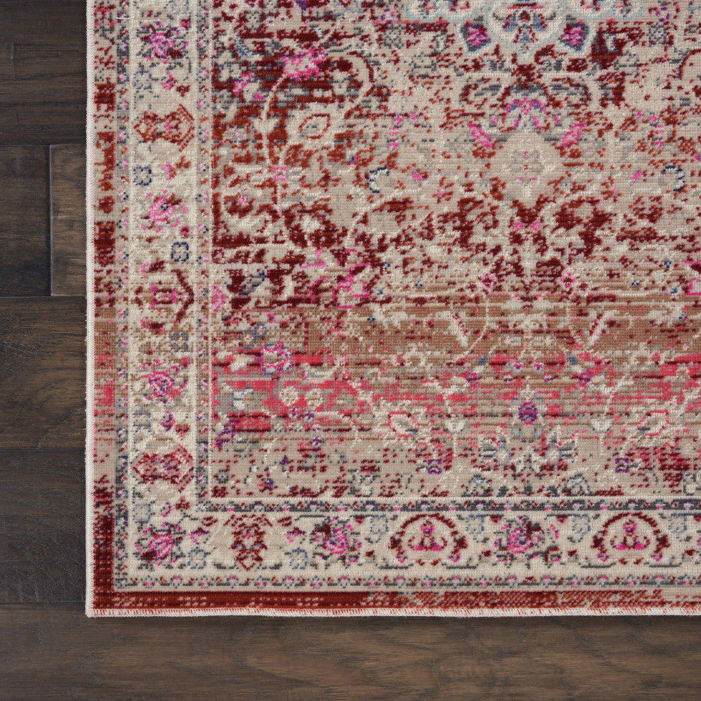 6' Ivory And Red Floral Distressed Runner Rug