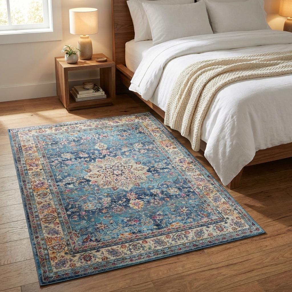 4' X 6' Blue and Beige Floral Distressed Area Rug