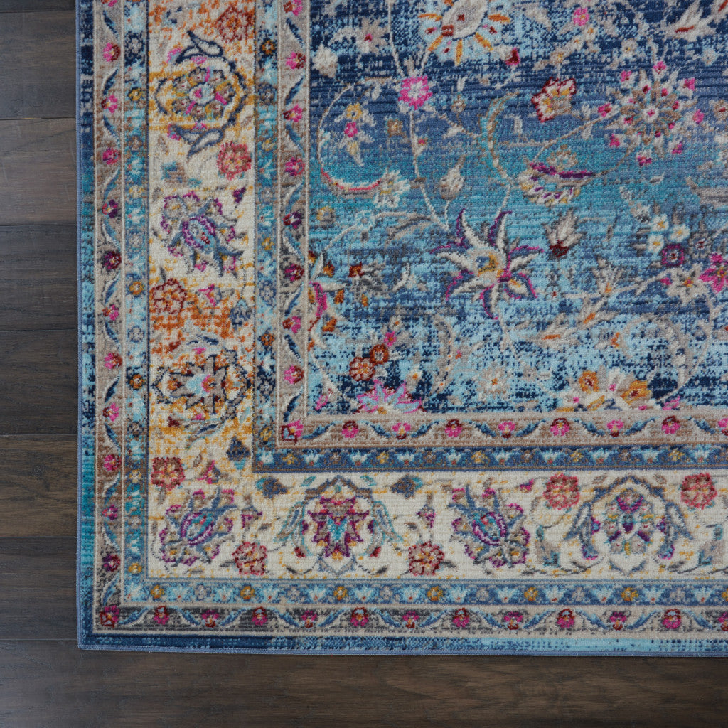 4' X 6' Blue and Beige Floral Distressed Area Rug
