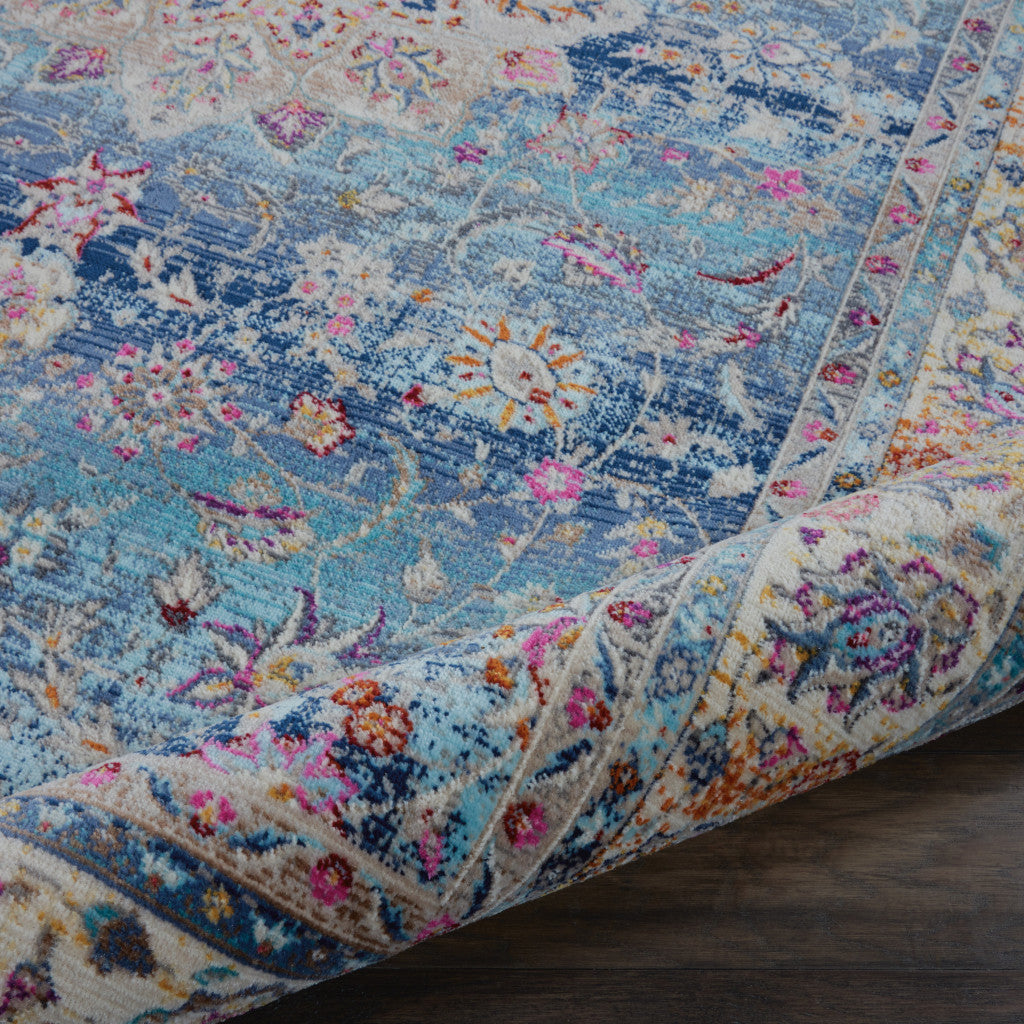 4' X 6' Blue and Beige Floral Distressed Area Rug