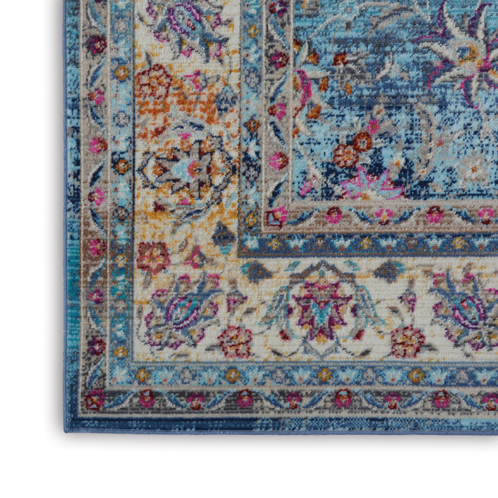 4' X 6' Blue and Beige Floral Distressed Area Rug
