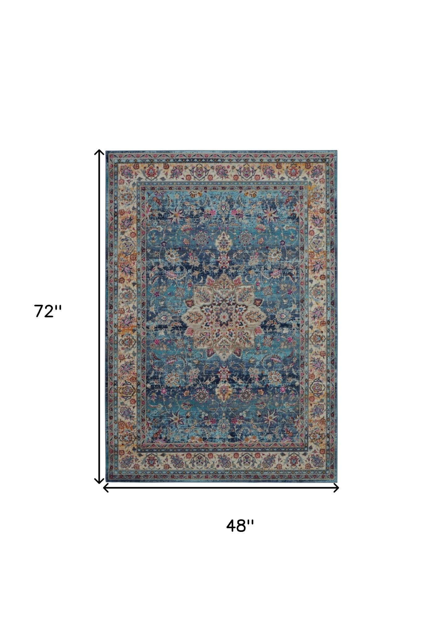 4' X 6' Blue and Beige Floral Distressed Area Rug