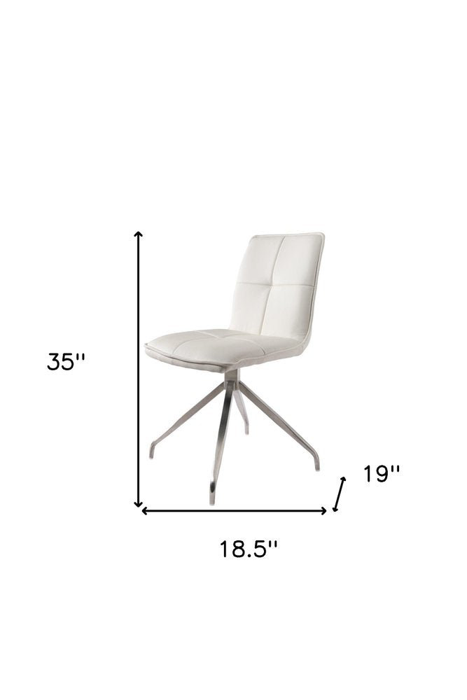 Set of Two White and Silver Faux Leather Swivel Dining Side Chairs